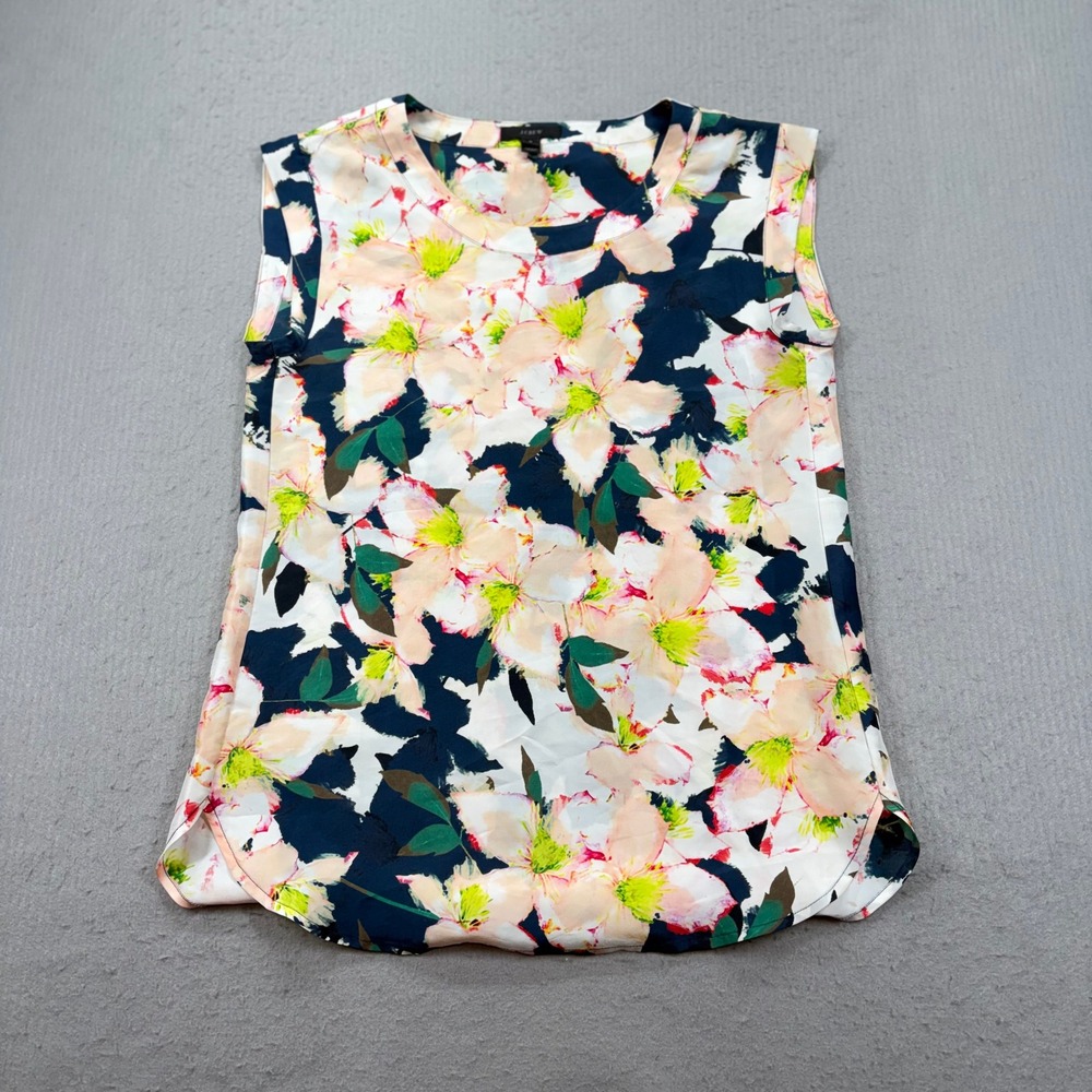 J.Crew Silk Sleeveless Blouse Womens 0 Floral Navy Pink Yellow